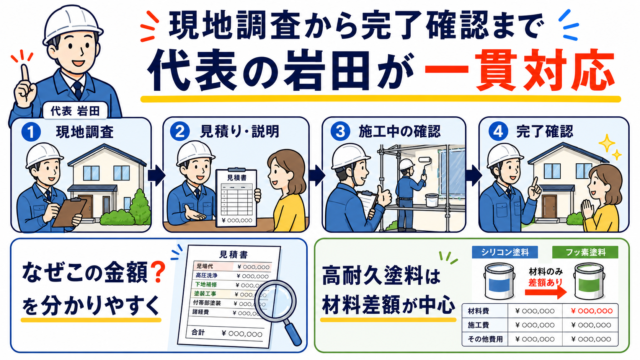 岩田塗装店は代表の岩田が現地調査から完了確認まで一貫対応