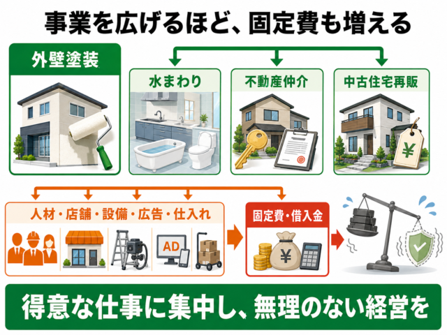事業拡大によって固定費と借入金が増えるリスクを示す図解